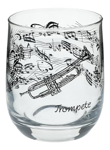 Glas mit Instrumenten und musikalischen Motiven, schwarzer Druck (Trompete) von Musikboutique