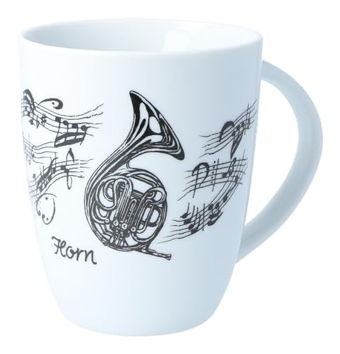 Kaffeetasse mit diversen Instrumenten und musikalischen Motiven (Horn) von Musikboutique