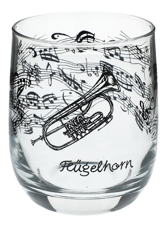 Musikboutique Glas, Trinkgefäß, bedruckt mit Flügelhorn-Motiv von Musikboutique