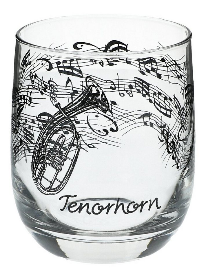 Musikboutique Glas, Trinkgefäß, bedruckt mit Tenorhorn-Motiv von Musikboutique