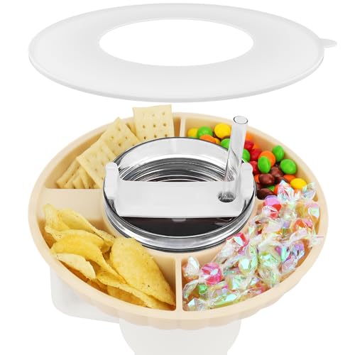 Snackteller mit Deckel für Stanley Cup 40oz, Snack Schale kompatibel mit Stanley Quencher 40oz Tumbler mit Griff, Silikon Snack Tablett mit 4 Fächern, Snackring mit Abdeckung (Weiß), Keine Becher von Musiwanna