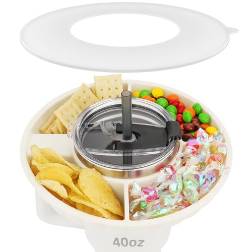 Snackteller mit Deckel für Stanley Cup 40oz/1,18L, NUR FÜR 40OZ, Snackschale kompatibel mit Stanley Quencher 40oz, Silikon Snack Tablett mit 4 Fächern, Snackring mit Abdeckung (Weiß), KEINE BECHER von Musiwanna