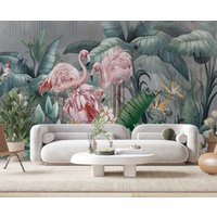 Abnehmbare Flamingo Wandbild, Große Blätter Tapete, Deko Fototapete, Temporäre Personalisierbar von MusselinDream