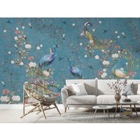 Frühlingsblüte Chinoiserie Pfau Blaue Hintergrund, Fototapete, Glatt Vliestapete, Wandtapete, Personalisierbar von MusselinDream