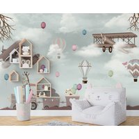 Kinder Tapete, Flugzeug Heißluftballon Eisenbahn Tiere, Kinderzimmer Fototapete Vliestapete, Personalisierbar von MusselinDream