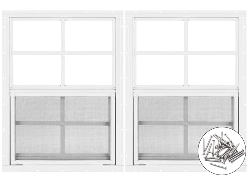 2 Stück Schuppenfenster 45,7 cm B x 58,4 cm H, weißes bündiges Fenster mit gehärtetem Glas und abnehmbarem Bildschirm für Spielhäuser, Schuppen, Garage und Hühnerstall von Musselton