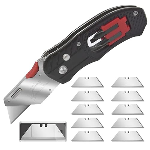 Mustbau 2 in1 Kombiniertes Universalmesser, New Generation Teppichmesser mit 4 Schraubendreherbits, mit Gürtelclip, Safety-Lock, Winkelschloss-Design(Inkl.10 Stück SK5 Ersatzklingen), Arbeitsmesser von Mustbau