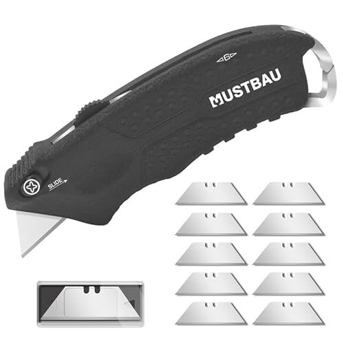 Mustbau Cuttermesser Profi, Professional Teppichmesser mit Einteiliges Werkzeugmagazin, Arbeitsmesser(Inkl. 10 Stück SK5 Ersatzklingen) mit Safety-Lock&Gürtelclip, Kontinuierlich austauschbare Klingen von Mustbau