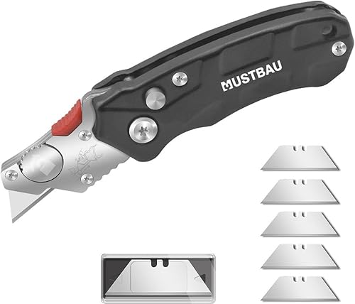 Mustbau Professional Mini Universalmesser(Längen 6.5cm), Klappmesser im Metall-Griff schwarz (Inkl. 5 Stück SK5 Ersatzklingen), Cuttermesser Profi mit Safety-Lock, Teppichmesser Arbeitsmesser von Mustbau