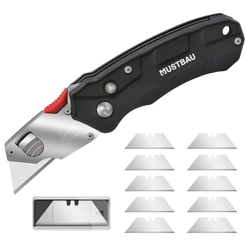 Mustbau Professional Universalmesser, Klappmesser im Metall-Griff schwarz (Inkl.10 Stück SK5 Ersatzklingen), Cuttermesser Profi mit Safety-Lock,Winkelschloss, Teppichmesser Arbeitsmesser von Mustbau