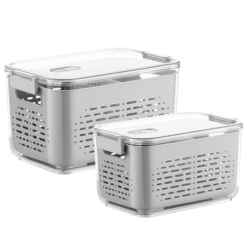 Frischhaltedosen Obst Gemüse mit Deckel Sieb Abtropfsieb Wiederverwendbar Fridge Frischhalteboxen zum Aufbewahren Kunststoff Kühlschrank Organizer Set Salat Beeren Vorratsdosen 2er-Set (5L+9L) von Mustbeau