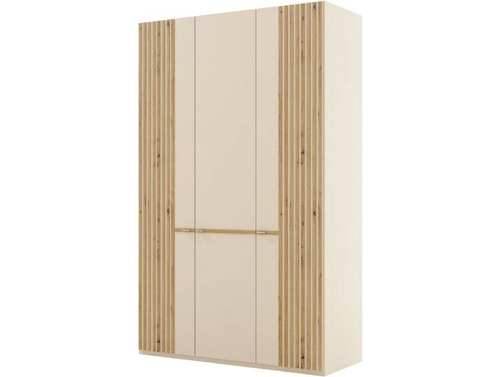Drehtürenschrank MUSTERRING Isabelle , beige (champagner, dekor), Schränke, B/H/T: 148,4cm x 236cm x 58cm, Lamellen in Bianco Eiche-Nachbildung, 3 St., Holzwerkstoff, Hartfaserplatte, Lamellen in Eiche, Griffe in silber, verschiedene Größen und Farben, B:148,4cm H:236cm T:58cm von Musterring