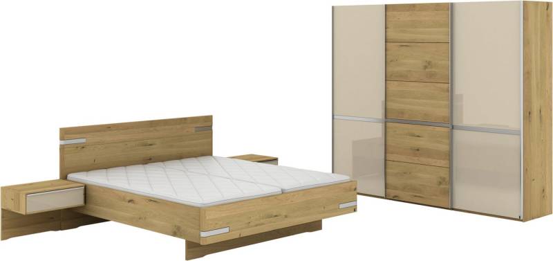 Musterring Schlafzimmer-Set Savona, Kleiderschrank, Bett & Nachtkommoden, teilmassiv Bianco-Eiche, (2er-Set Nachtschränke, Schwebetürenschrank, Bett 180x200 cm), Eiche- und Glastüren, Kopfteil Eiche, Konsolen Glasfront, Höhe 217cm von Musterring