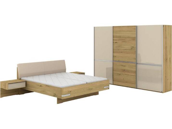 Musterring Schlafzimmer-Set Savona, Kleiderschrank, Bett & Nachtkommoden, teilmassiv Bianco-Eiche, (2er-Set Nachtschränke, Schwebetürenschrank, Bett 180x200 cm), Kopfteil Kunstleder Champagner, Schrank mit Eiche- und Glastüren von Musterring