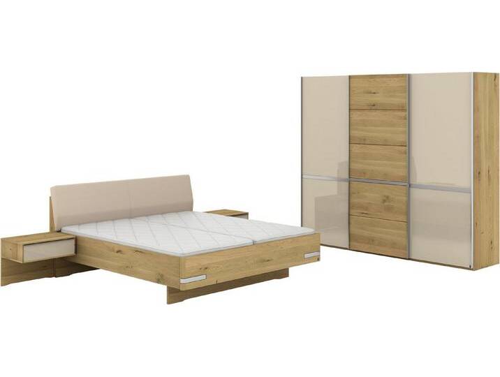 Musterring Schlafzimmer-Set Savona, Kleiderschrank, Bett & Nachtkommoden, teilmassiv Bianco-Eiche, (2er-Set Nachtschränke, Schwebetürenschrank, Bett 180x200 cm), Kopfteil Kunstleder Champagner, Schrank mit Eiche- und Glastüren von Musterring