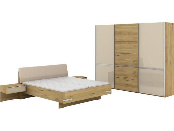 Musterring Schlafzimmer-Set Savona, Kleiderschrank, Bett & Nachtkommoden, teilmassiv Bianco-Eiche, (2er-Set Nachtschränke, Schwebetürenschrank, Bett 180x200 cm), Kopfteil Kunstleder Champagner, Schrank mit Eiche- und Glastüren von Musterring