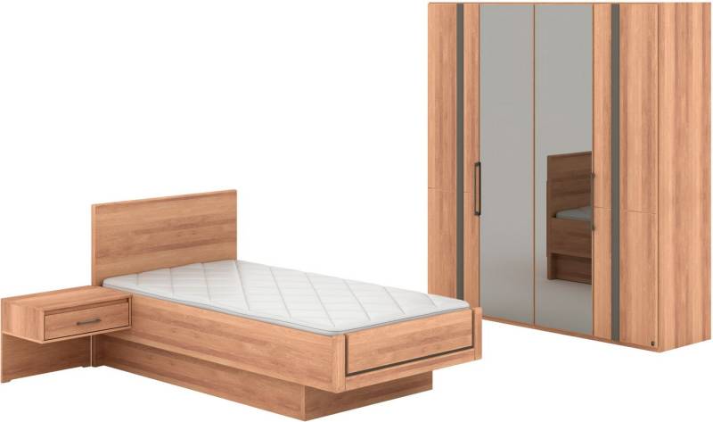 Musterring Schlafzimmer-Set Sorrent, Kleiderschrank, Bett & Nachtkommoden, teilmassiv Eiche, (2er-Set Nachtschränke, Drehtürenschrank 200 cm, Bett 100x200 cm), mit Dreh- und Falttüren, Schrankbreite 200cm, Bett schwebende Optik von Musterring