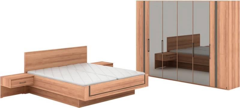 Musterring Schlafzimmer-Set Sorrent, Kleiderschrank, Bett & Nachtkommoden, teilmassiv Eiche, (2er-Set Nachtschränke, Drehtürenschrank 300 cm, Bett 180x200 cm), Bett schwebende Optik, Eiche teilmassiv, Spiegeltüren in Parsol-Bronze von Musterring