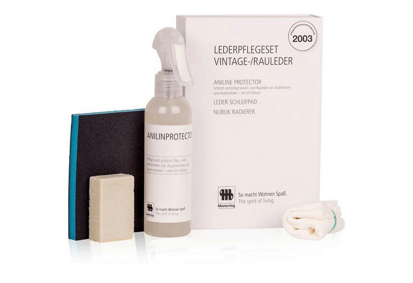 Musterring Vintage- & Rauleder Möbelreiniger (Set, [- 200ml Lederprotektor & Pflegezubehör Pflegeset für Sessel & Sofas mit Rauleder, Vintage- und Nubukleder) von Musterring