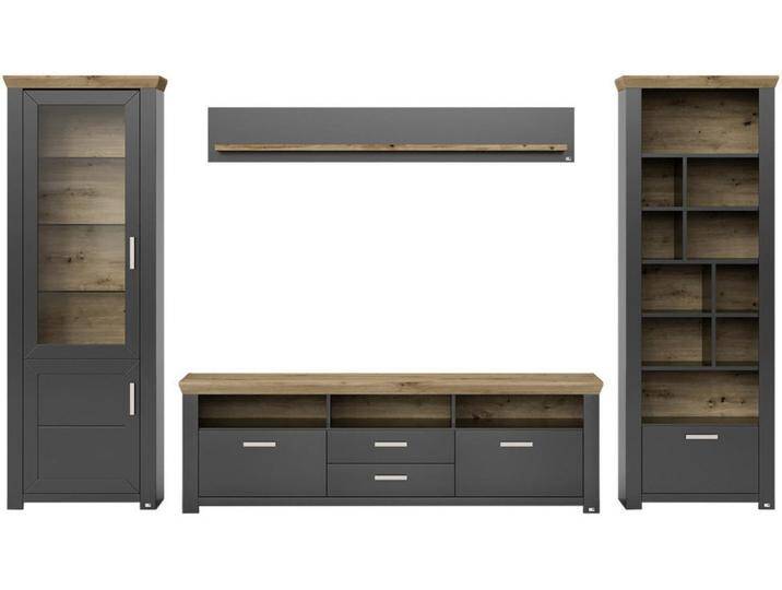 SetOne by Musterring WOHNWAND, Graphit, Eiche Artisan, Metall, 5 Fächer, 5 Schubladen, 370x206.6x51.2 cm, Beimöbel erhältlich, Wohnzimmer, Wohnwände, von Musterring