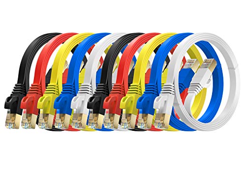 MutecPower 2m 10 Pack Ultra FLACHES Cat 7 Ethernet Netzwerkkabel mit RJ45 Steckern - SFTP - 600 MHz - 2 Meter rot/gelb/blau/schwarz/weiße Kabel mit Kabelbindern und Clips von MutecPower