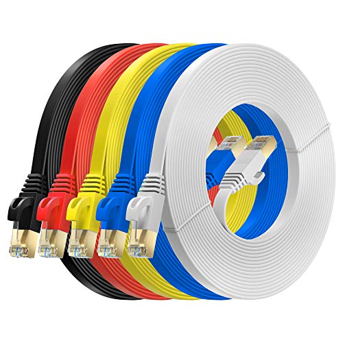 MutecPower 5m 5 Pack ULTRA FLACHES Cat 7 Ethernet Netzwerkkabel mit RJ45 Steckern - SFTP - 600 MHz - 5 meter rot/gelb/blau/schwarz/weiße Kabel mit Kabelbindern und Clips von MutecPower