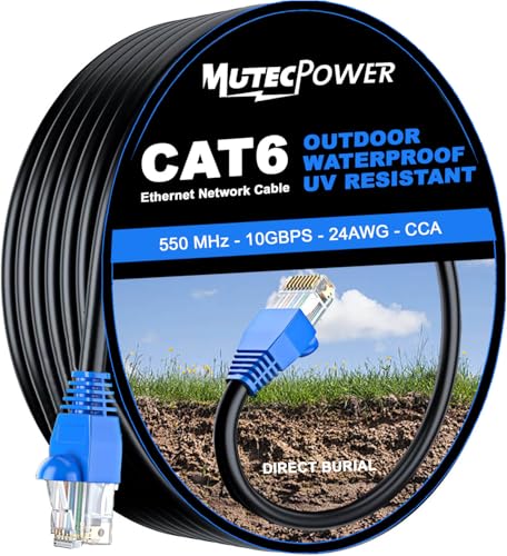 MutecPower CAT6 20m Außen Verwendung wasserdicht - CCA - Direct Burial Ethernet Netzwerkkabel - 250 MHz - Schwarz - 20 Meter mit kabelbinder von MutecPower