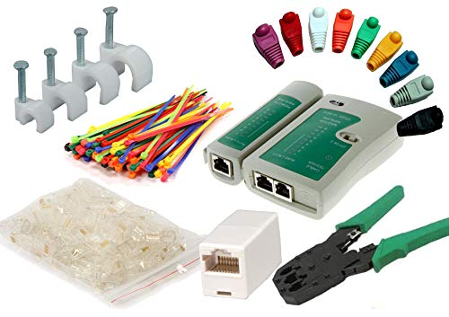 MutecPower Netzwerk Werkzeug Set enthalt: Netzwerk Kabeltester + Crimpzange RJ45 + Modular RJ45 Stecker 50 Stück + 50 Kabelschellen + 50 Anschlussteckers + 50 Kabelbinder + 2 netzwerkkabel Kupplung von MutecPower