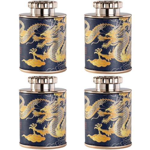 Muteitt 4 Stück Teedosen Luftdichten Deckeln, Chinesischer Drache, Mini-Tee-aufbewahrungsbehälter, Runde Blechdose Zur Aufbewahrung Von Tee, Kaffee, Zucker, Losen Blättern von Muteitt