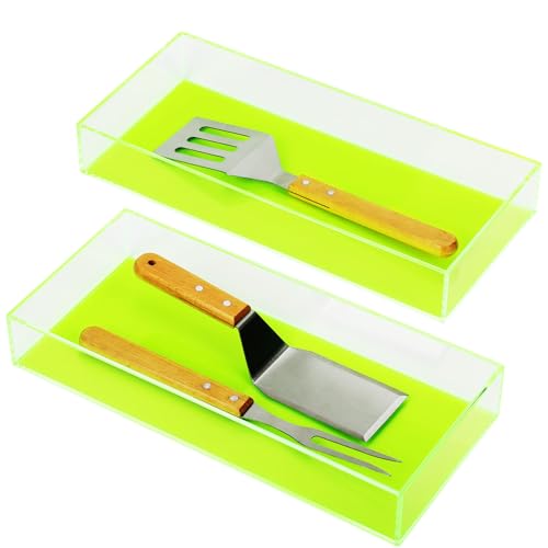 Mutellstory Stapelbarer Besteck-Schubladen-Organizer, Acryl, Küchenutensilienhalter mit Neon-Effekt, robuster Besteckkasten, 40 x 17,8 x 6,1 cm, Neongrün, 2 Stück von Mutellstory
