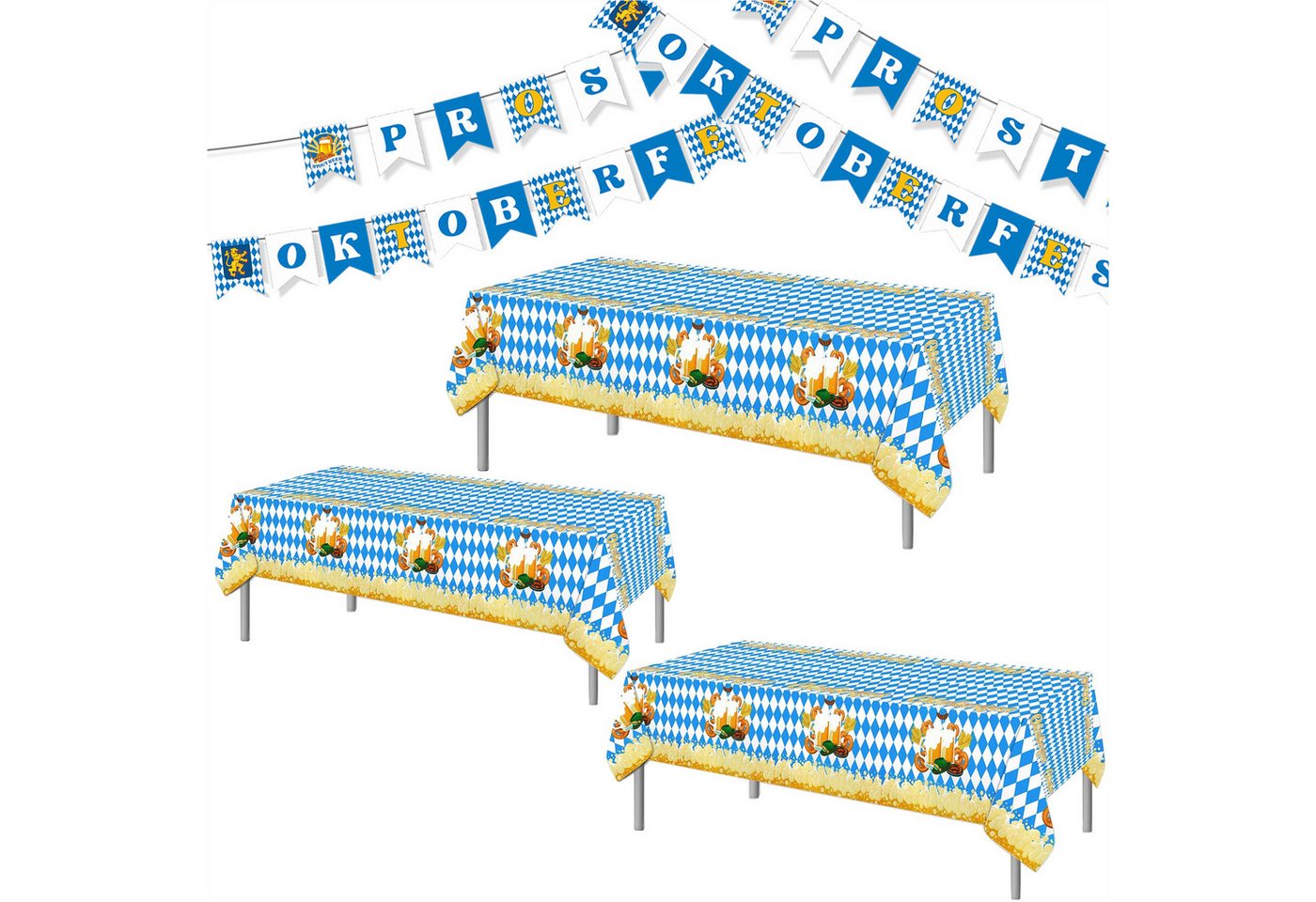 Mutig Hängedekoration Oktoberfest deko Set, Wimpelkette + Tischdecken (Wiesn Deko Dekoration - Hängedekoration Banner 2 Stück Wimpel + 3*Tischdecke, Einfache Montage / Wetterfest / Foto-Requisiten) von Mutig