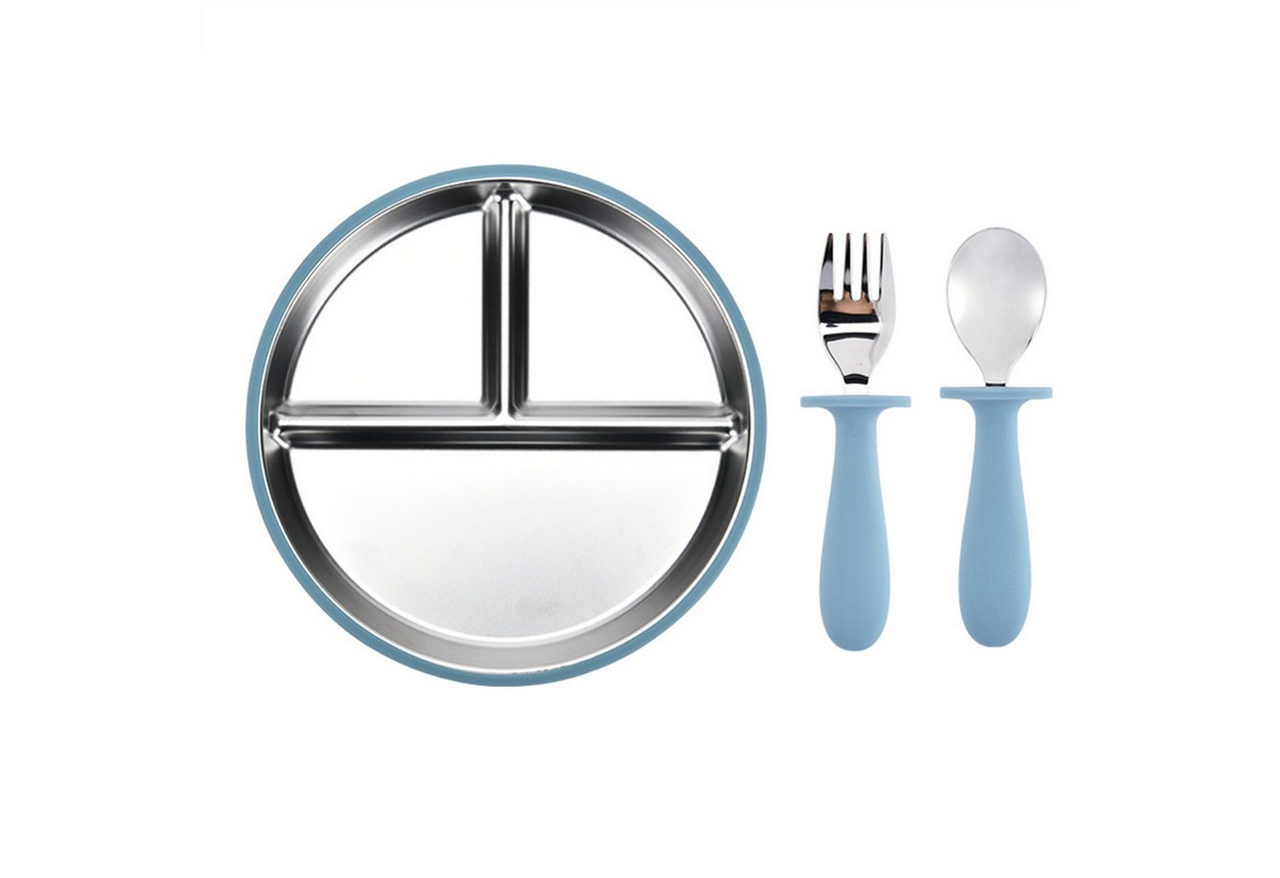 Mutig Kindergeschirr-Set 3 Stück Edelstahl Baby Teller mit Silikon Saugnapf mit Löffeln&Gabeln, 1 Personen, Spülmaschinenfest & BPA Frei mit Unterteilung,Für Kinder geeignet von Mutig