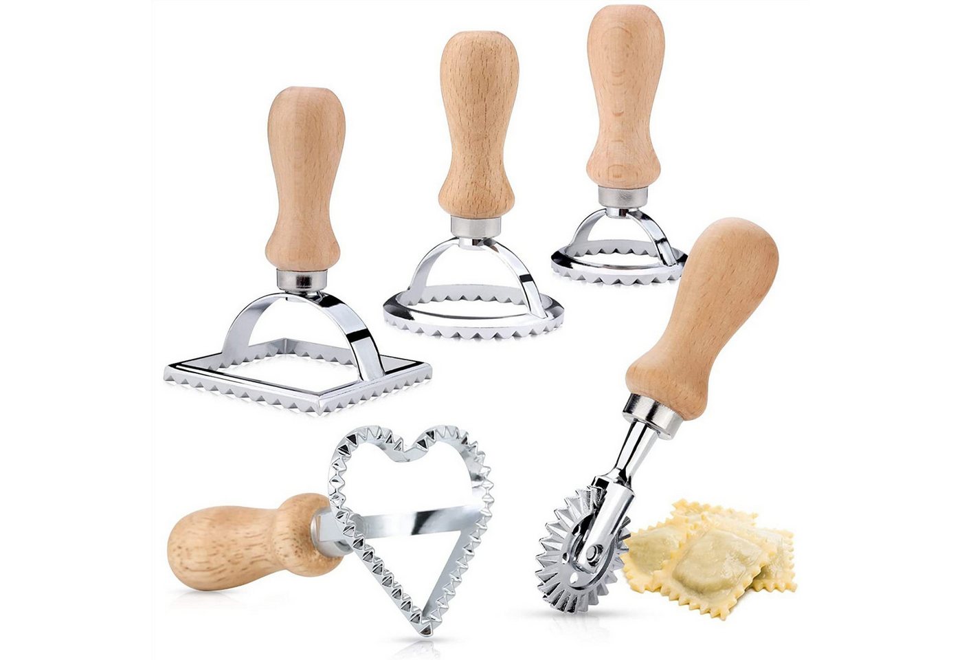 Mutig Ravioliform 5er SetRavioli Ausstecher Former,Teigrädchen, Raviolischneider, (5 set Quadratische Runde Herzförmige Ravioli Former mit Holzgriff 5-tlg), Für die Pastaherstellung zu Halloween, Weihnachten und Partys geeignet von Mutig