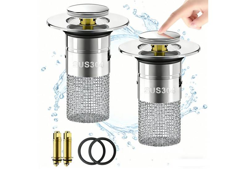 Mutig Waschbeckenstöpsel 2 Stück 2-in-1 Waschbeckenstöpsel mit Abflusssieb, aus 304 Edelstahl, (Universeller Pop Up Abflussstopfen mit Haarsieb, schnell ablaufend, für 28–32 mm Abflussstopfen), Wasserhalt und Ablassmodus, für Bad, Küche, Dusche & Badewanne von Mutig