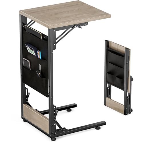 Mutool C-förmiger Sofatisch, Faltbarer Beistelltisch Nachttisch mit Aufbewahrungstasche, Metallrahmen, Couchtisch für Wohnzimmer, Schlafzimmer, Büro (Eiche-Grau) von Mutool