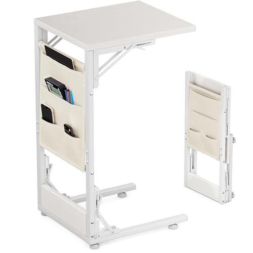 Mutool C-förmiger Sofatisch, Faltbarer Beistelltisch Nachttisch mit Aufbewahrungstasche, Metallrahmen Couchtisch für Wohnzimmer Schlafzimmer Büro (Weiß) von Mutool