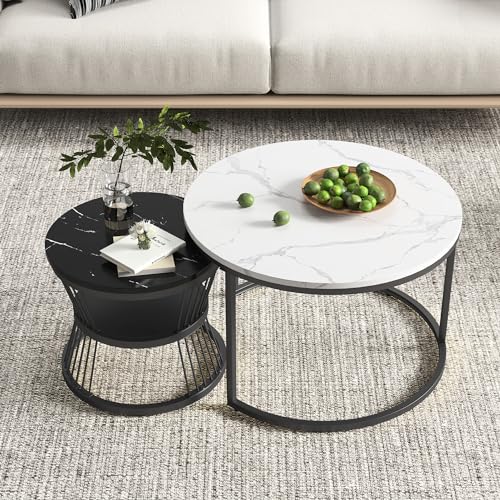 Beistelltische rund mit Platte in Marmor-Optik – Set mit 2 Couchtischen, Design mit goldfarbenem Metallrahmen, Tisch mit Regal, moderner Stil für Wohnzimmer (Schwarz + Weiß) von Mutuolux