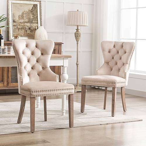 Mutuolux 2er Set Esszimmerstühle Samt Beige – Polsterstühle mit Ringknopf & Ziernägeln, Massivholzbeine, Küchenstuhl Wohnzimmerstuhl Retro Design (2er Set) von Mutuolux