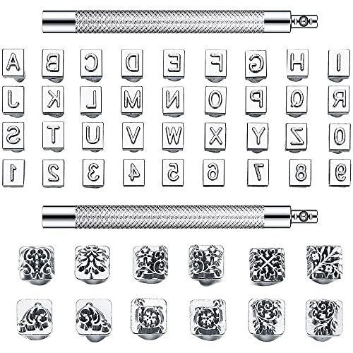 Muuoeou 50 Stück Buchstaben und Zahlen Stempelset 6 mm Alphabet Leder Stanzstempel Metall Blumenmuster Stempelwerkzeuge mit von Muuoeou