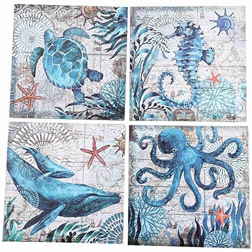 Muuoeou Haus Wand Art Marine Themen Mittelmeer Stil Leinwand mit Rahmen Meeres Tier Octopus Meeres SchildkröTe See Wal Bild Poster 12 X 12 Zoll Panel 4 Teiliges Set von Muuoeou