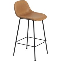 Muuto - Fiber Barhocker Tube Base mit Rückenlehne H 65 cm, schwarz / Leder cognac von Muuto