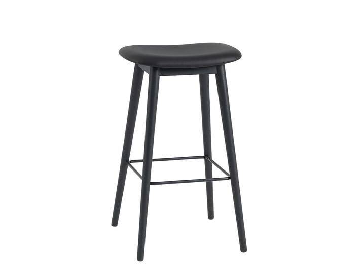 Muuto Fiber Barhocker ohne Rückenlehne, wood base, höhe 75 cm, refine leder schwarz / schwarz von Muuto
