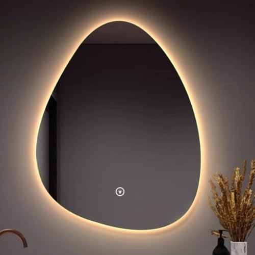 60*80cm LED Design Bad Spiegel Oval, Unregelmäßiger LED Wandspiegel, Hängender Badezimmerspiegel, [Single Touch] + 3-Farben-Licht + Stufenlose Dimmung 6000k/4000k-3000k ( Color : A , Size : 50x70cm/19 von Muuyorr