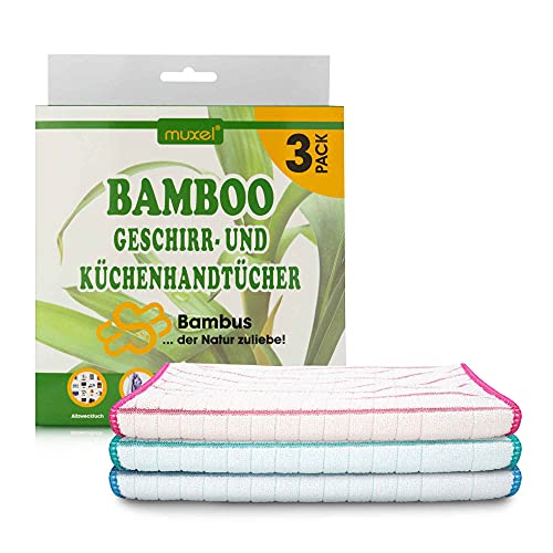 Muxel Bambus Tücher - Bambus Geschirrtücher - Extra saugfähiges Putztuch - Weiche Bambuslappen zum Polieren, Abtrocknen & Wischen - Nachhaltige Bambus Allzwecktücher (3) von Muxel