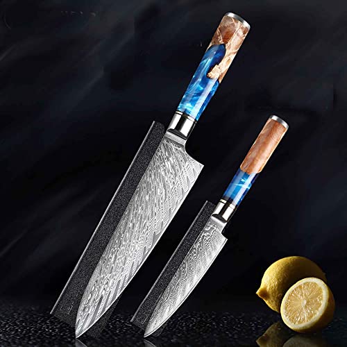 Messer Set Damascus Edelstahl VG10 Im Set das Messer für den Chefkoch und das kleine Gemüsemesser Küchenmesser Set mit einmaligem blaubuntem Griff von Muxel