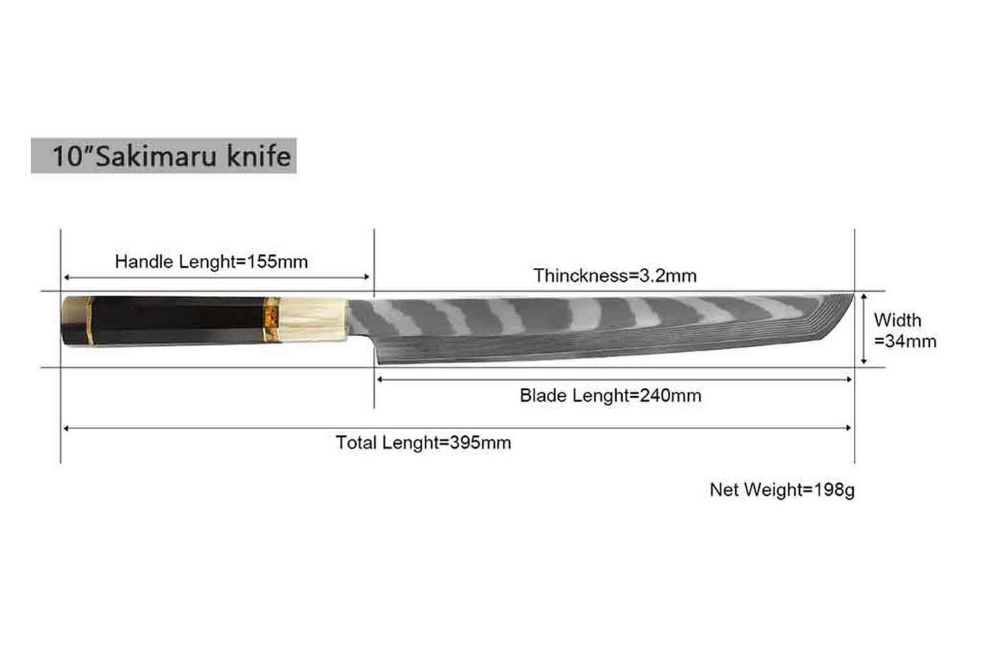 Muxel Damastmesser Sakimaru oder Yanagiba Messer Mit achteckigen Ebenholz- und Büffelhorn, einseitig geschliffen von Muxel