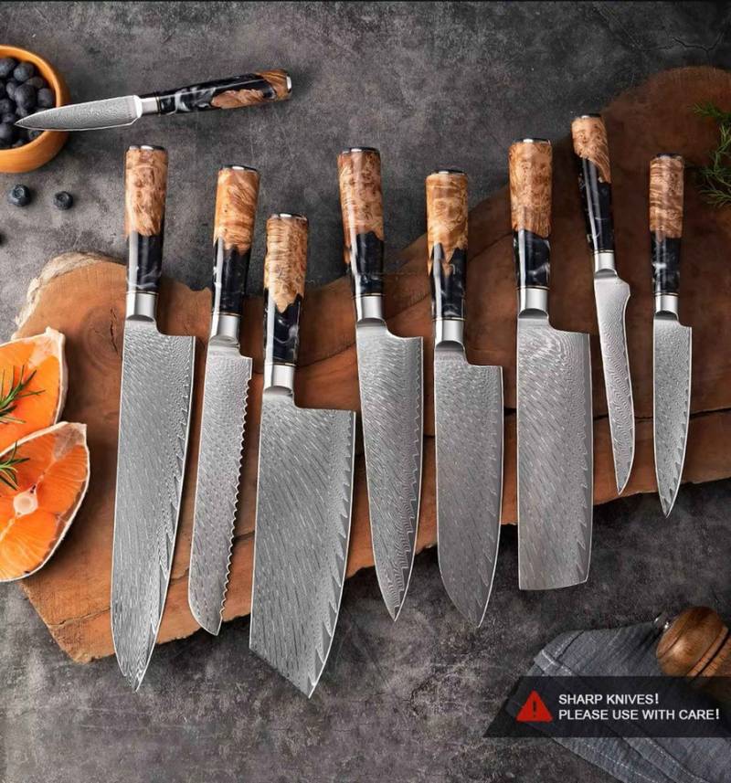 Muxel Gemüsemesser 9-Teiliges Damast Messer Set. Kochmesser - extra scharfe Profimesser, Jedes Messer ein Unikat Muxel Gemüsemesser 9-Teiliges Damast Messer Set. Kochmesser - extra scharfe Profimesser, Jedes Messer ein Unikat von Muxel