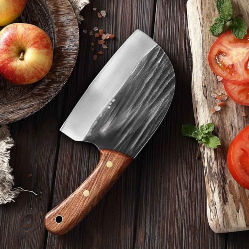 Muxel Premium Outdoor-Messer Vielseitig, Handgeschmiedet, Rustikal Hackmesser und Metzgermesser extrem Scharf mit Lederscheide von Muxel