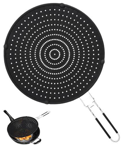 Muxiao Silikon Spritzschutz Pfannen,32cm Mehrzweck Pfannen Spritzschutz,mit klappbarem Griff,hitzebeständige Pfannen-Abdeckung/Sieb,Pfannenspritzschutz Universal zum Schutz vor Fettspritzern,Schwarz von Muxiao
