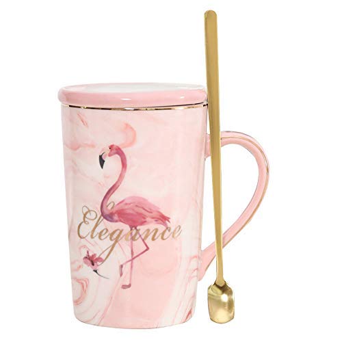 Nette Flamingos Kaffeetassen Lustige Marmor Teetasse 14 Unzen Keramiktasse mit Deckel und Löffel als Geburtstagsgeschenk für Frauen, Frau, Mütter von MUXUE